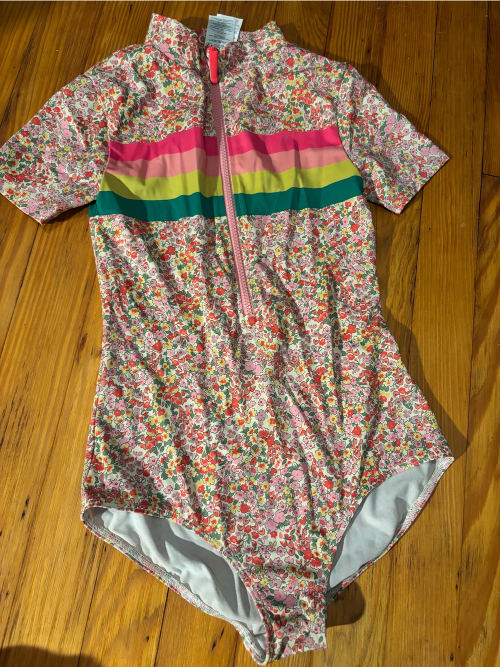 Boden Pink Floral One-Piece Swimsuit with Multicolor Stripes